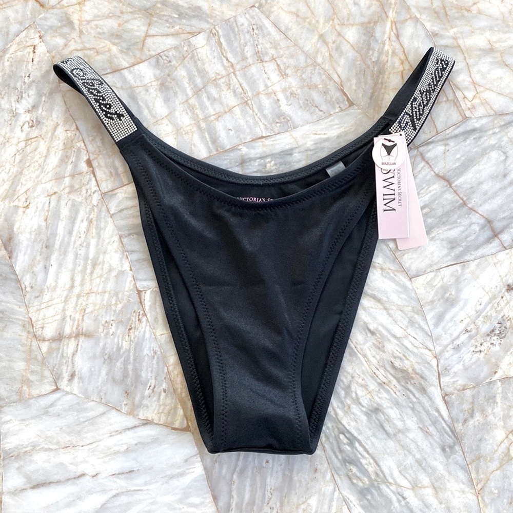 VS VERY SEXY BLACK ‎ Shine Script Strap Lace Brazilian Swim Panty Bottoms Medium